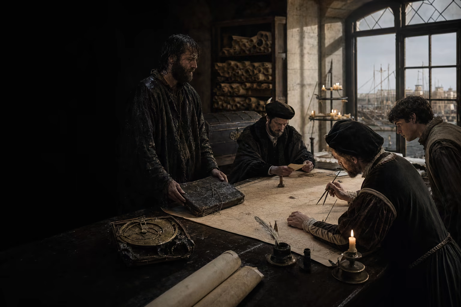 A wet ship log and damaged instrument arrive as cosmographers amend a guarded master chart in a crown office.