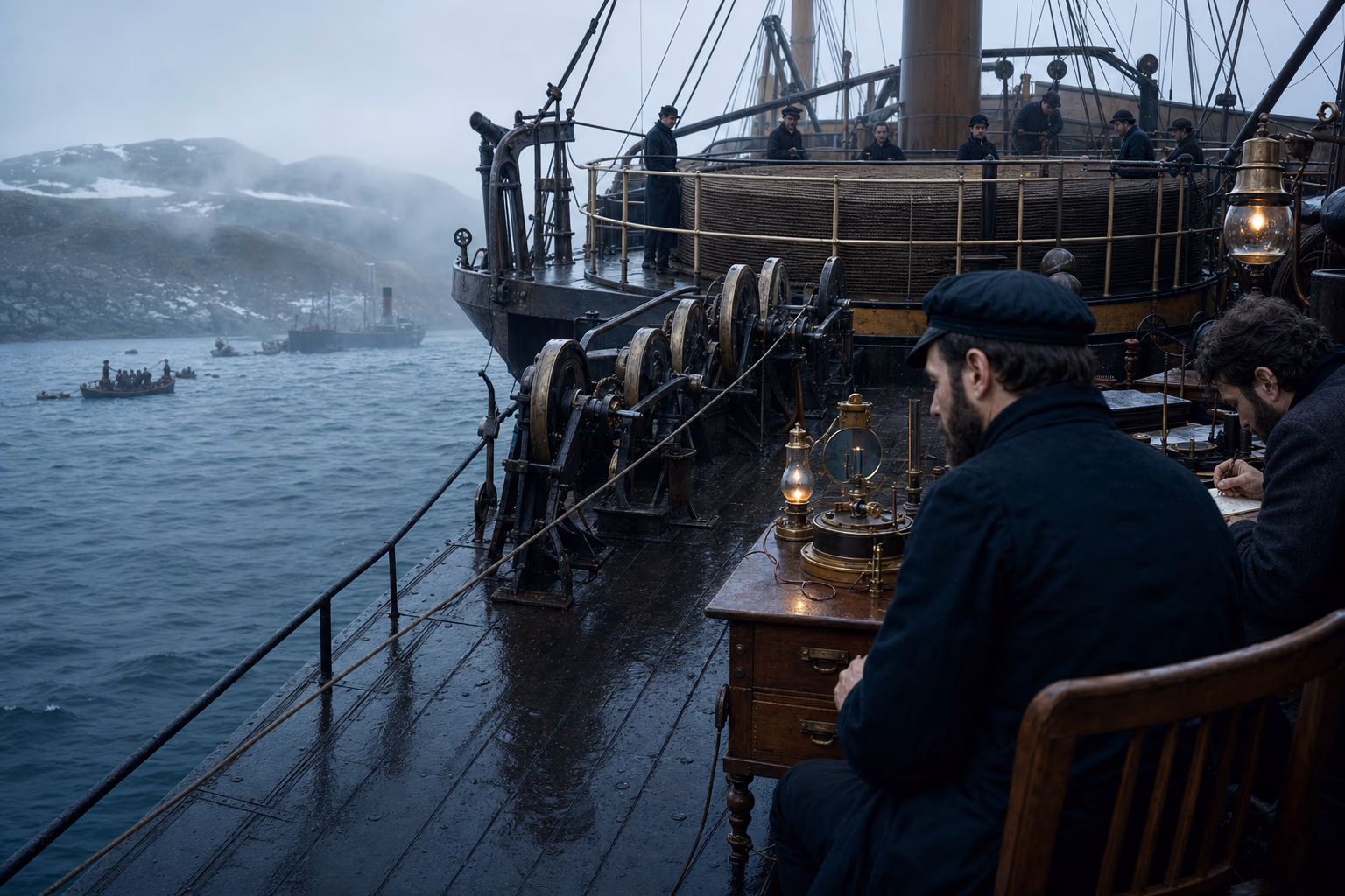 The armoured 1866 Atlantic cable passes from Great Eastern toward a Newfoundland landing station as a mirror galvanometer records the signal.