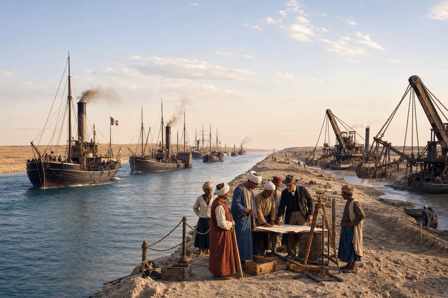 An oblique view of the Suez Canal shows dredgers, Egyptian labourers, freshwater works and the first procession of steamships between marked banks.