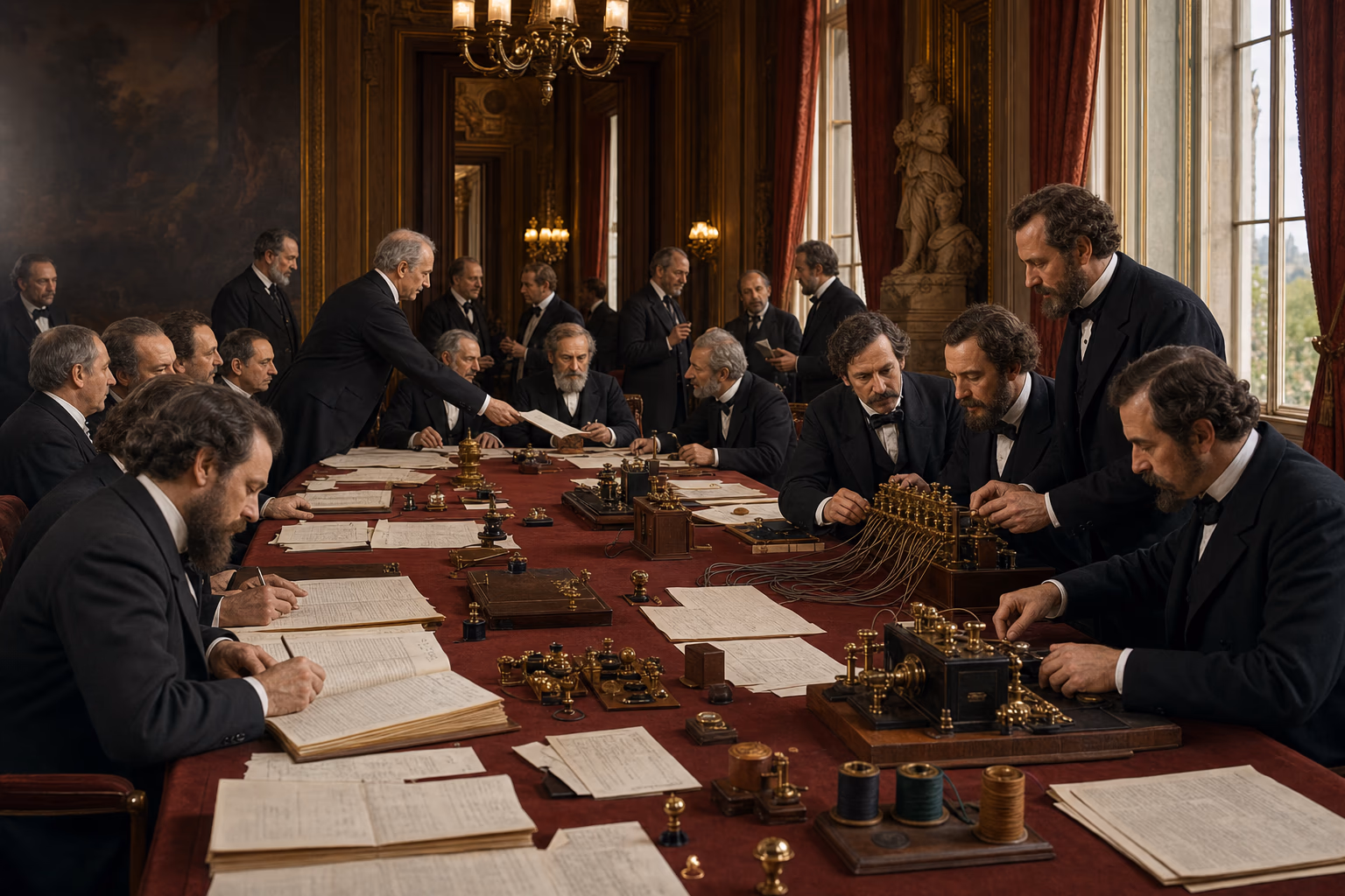 Delegates at the 1865 Paris telegraph conference compare tariff sheets and code tables as twenty labelled circuits enter a brass switchboard.
