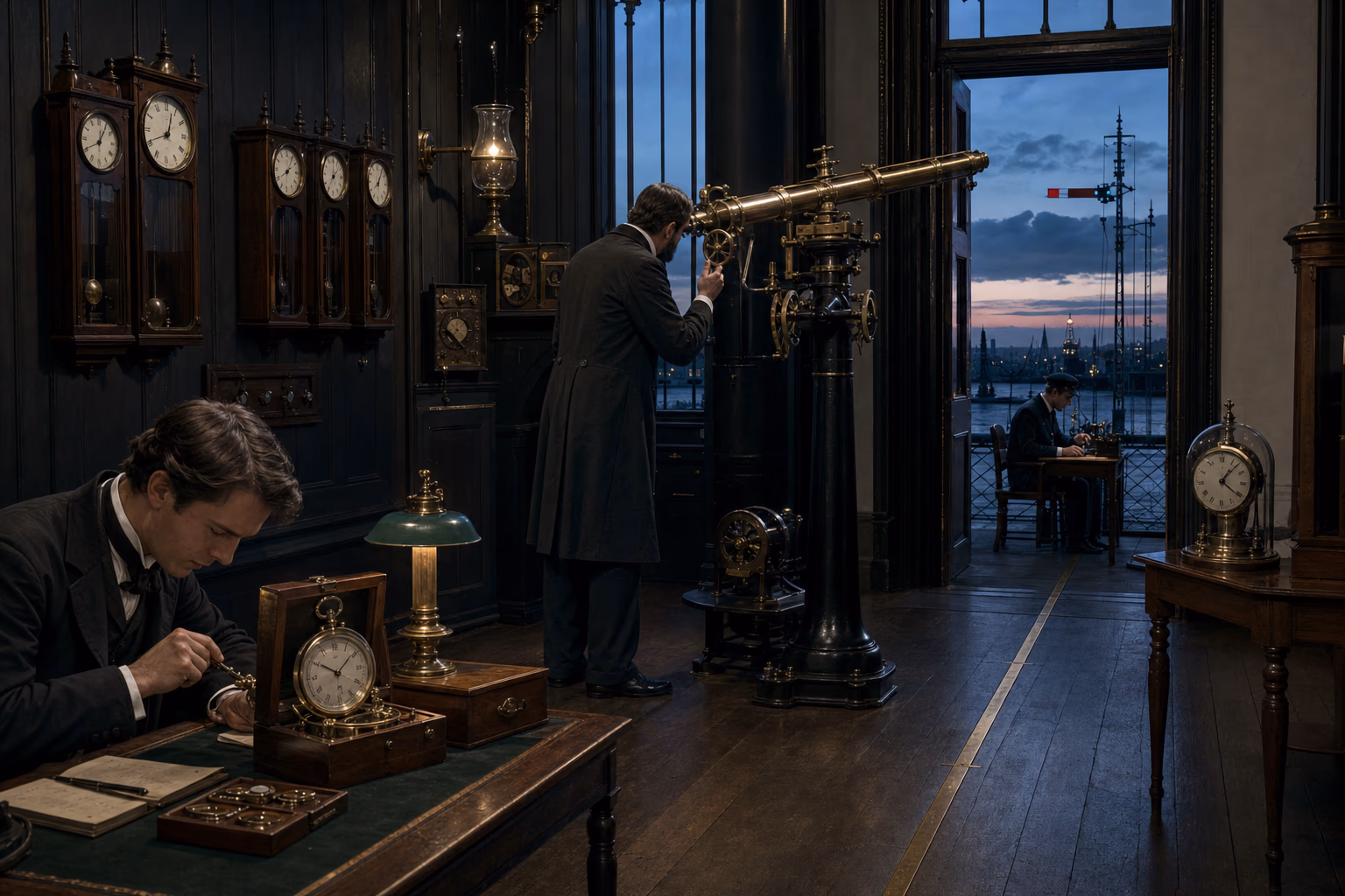 A Greenwich transit instrument, marine chronometer and station clocks align with the prime-meridian chart approved at the 1884 conference.