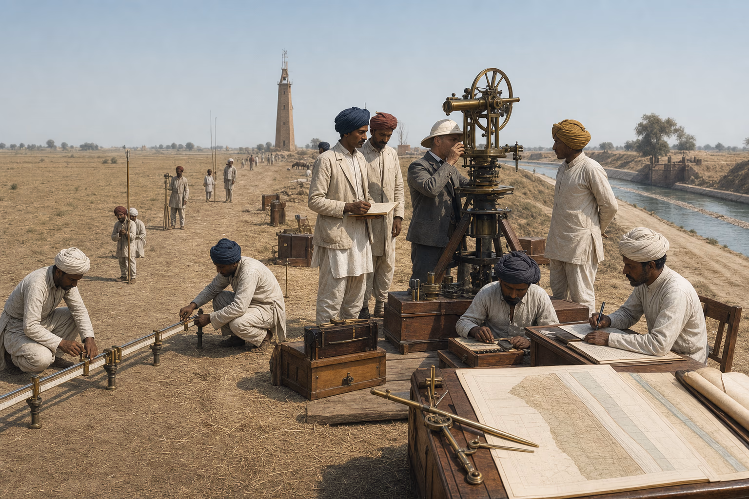 Surveyors measure an Indian baseline with a great theodolite as triangulation resolves into cadastral sheets, a railway alignment and a Punjab canal plan.