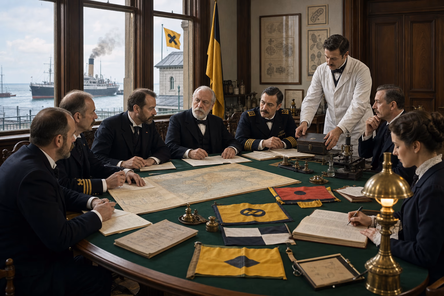 Port doctors compare quarantine flags, bills of health and a cholera route map at an international sanitary conference before a permanent office register.