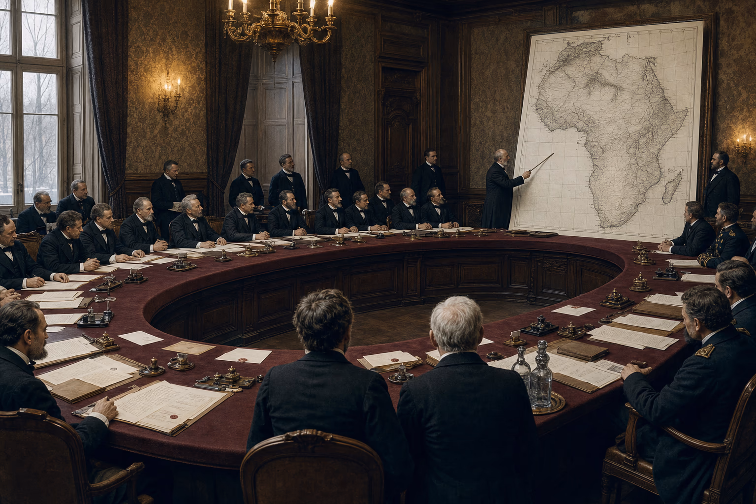 The 1884 Berlin Conference room contains a geographic African map in muted cartographic tones, treaty clauses and fourteen seated delegations.