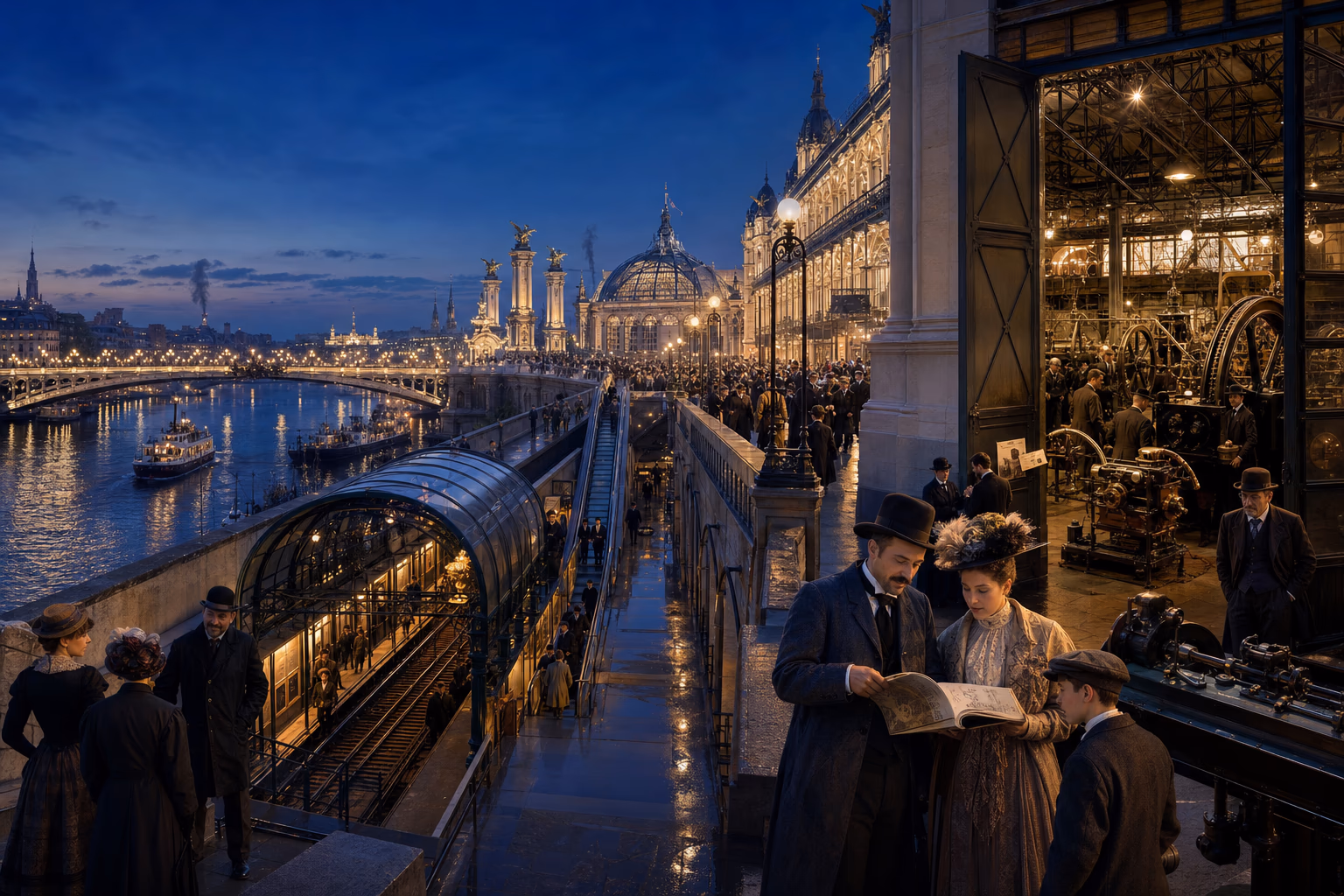 The illuminated Paris Exposition of 1900 stretches from Pont Alexandre III toward machinery halls, electric lights and the moving walkway.