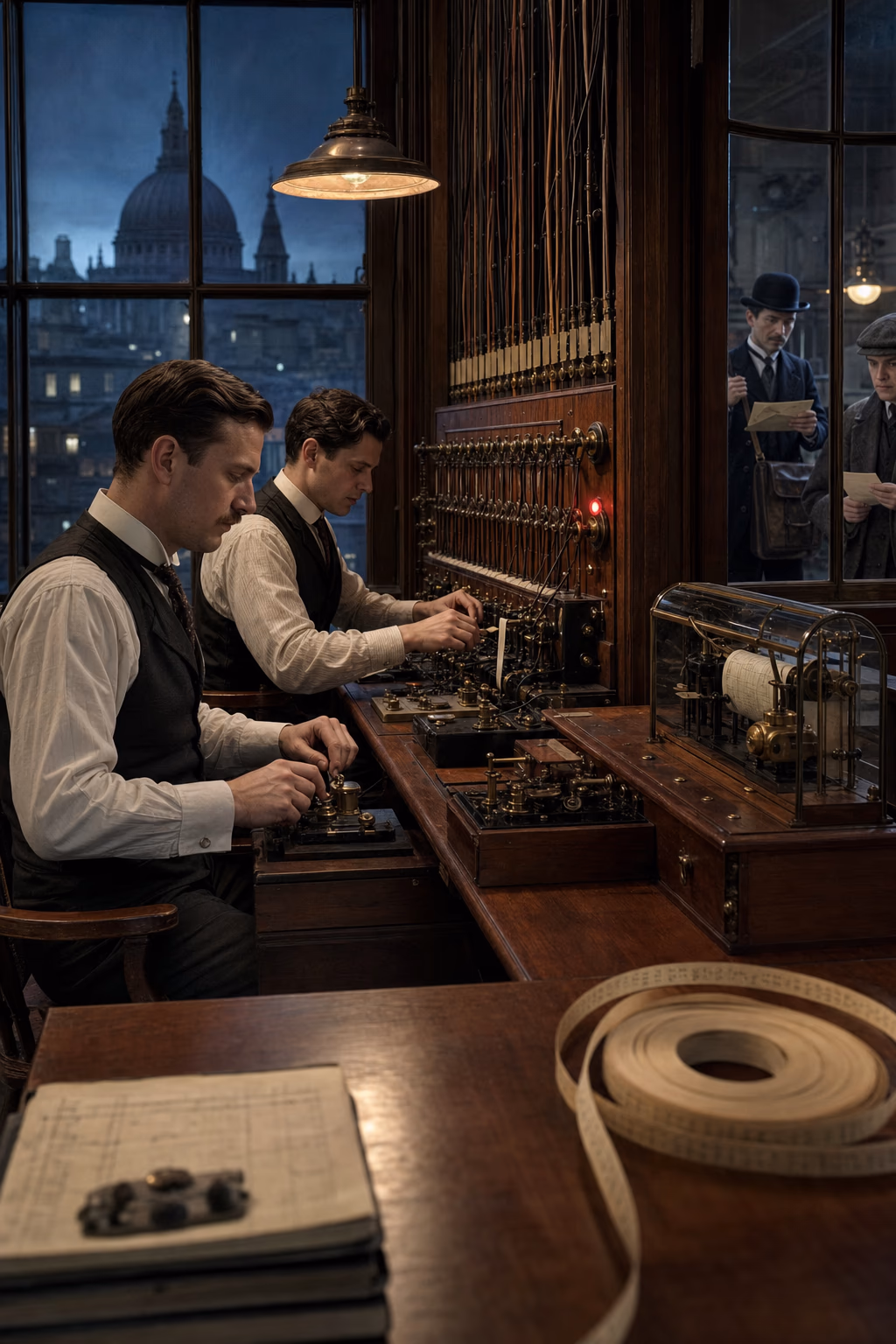 A London cable office before dawn receives named circuits from North America, Suez, Bombay and Singapore while banks and ministries begin work beyond the glass.