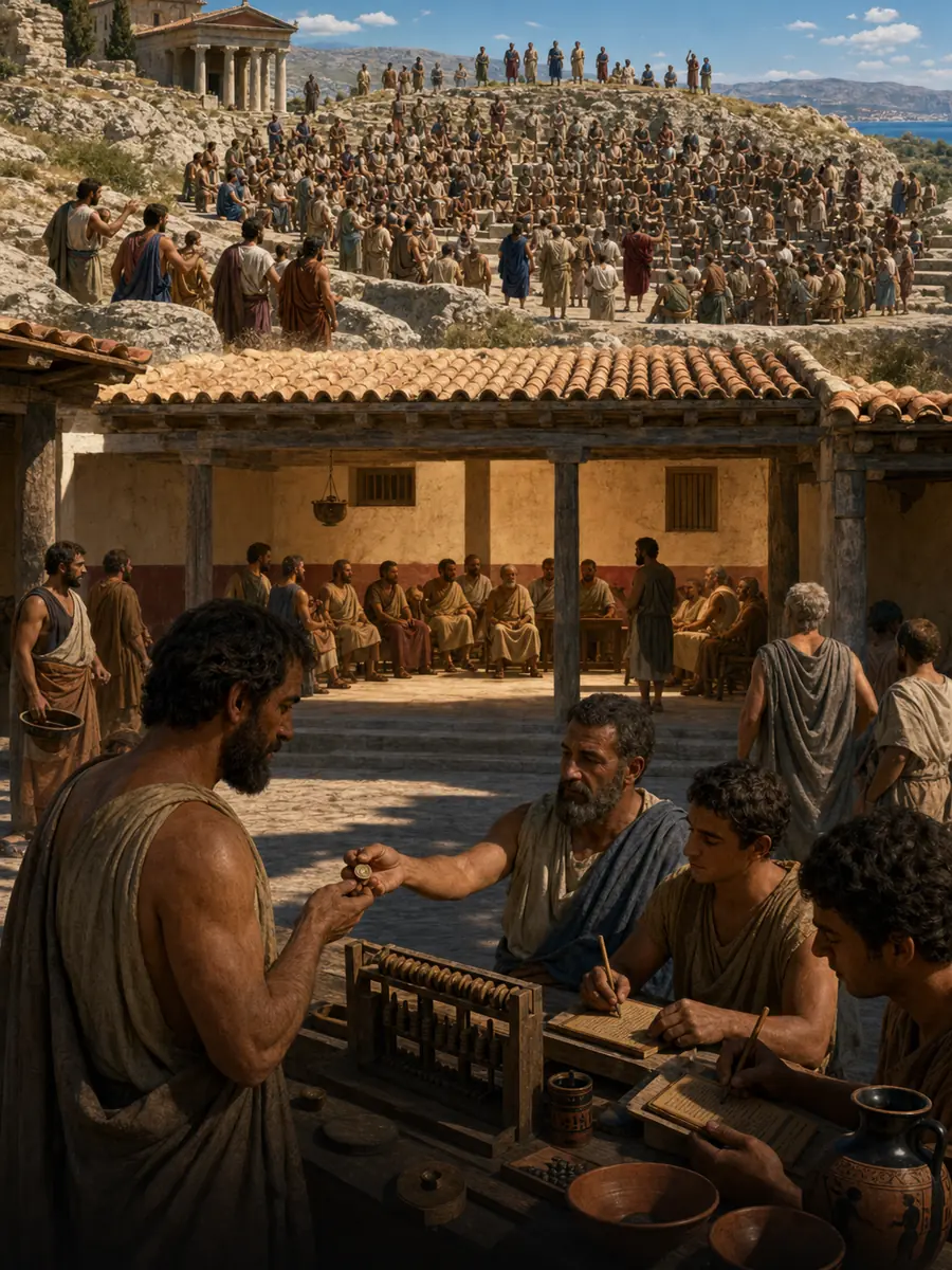 An ordinary Athenian citizen receives a lot token before the Pnyx, council chamber and law court.