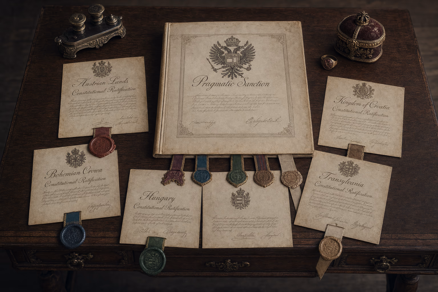 The Pragmatic Sanction lies beneath a fan of Austrian, Bohemian, Hungarian, Croatian and Transylvanian ratification tabs arriving with distinct seals.