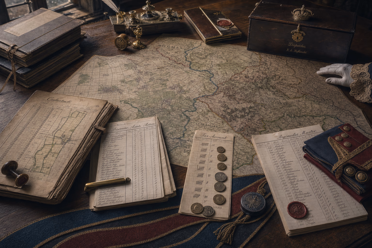A walnut reform desk brings a cadastral grid, district report, tax column and regimental return together over an Austrian-Bohemian crownland map.