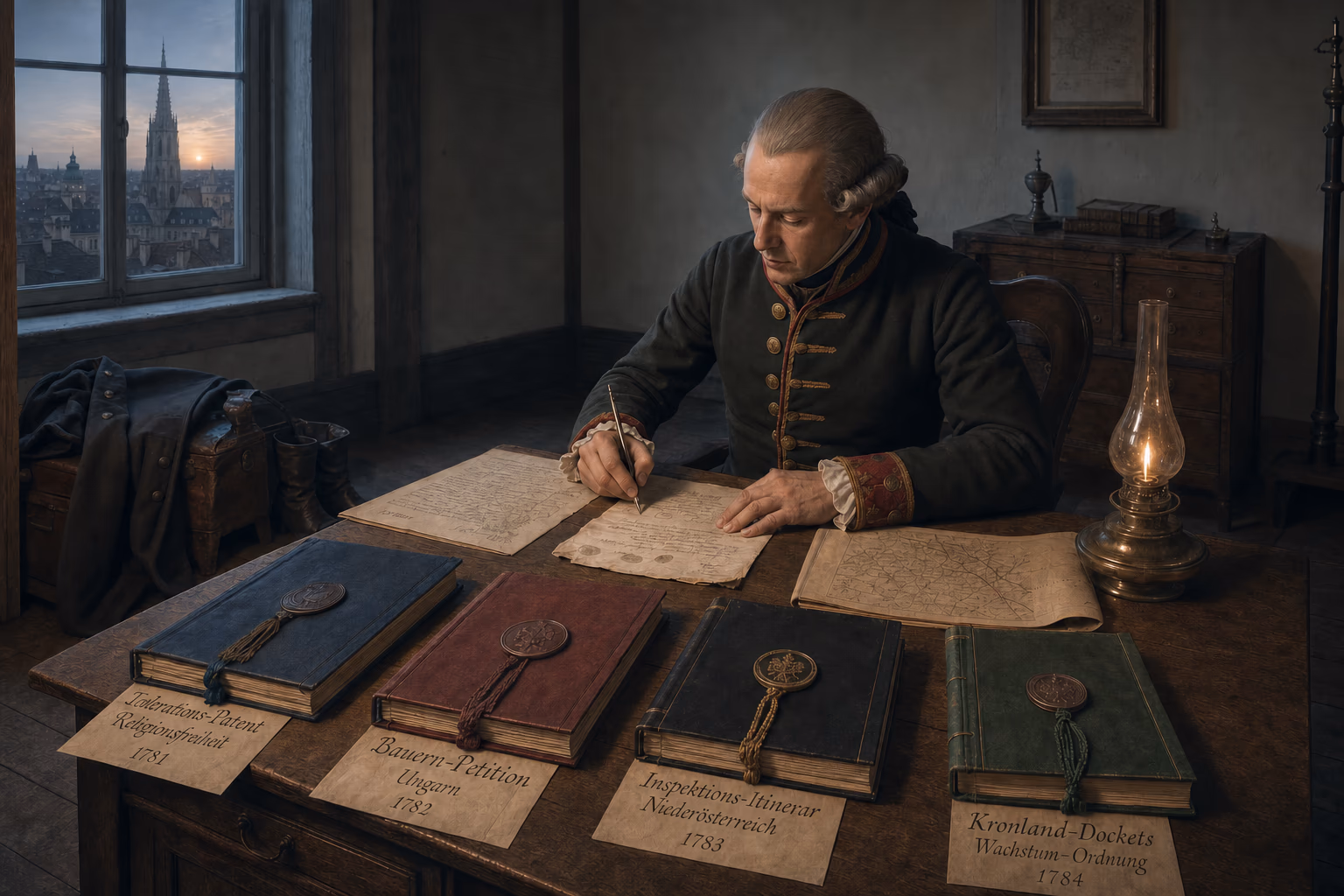 Joseph II’s working desk at first light carries the Toleration Patent, a peasant petition, an inspection schedule and rapidly ordered crownland dockets.