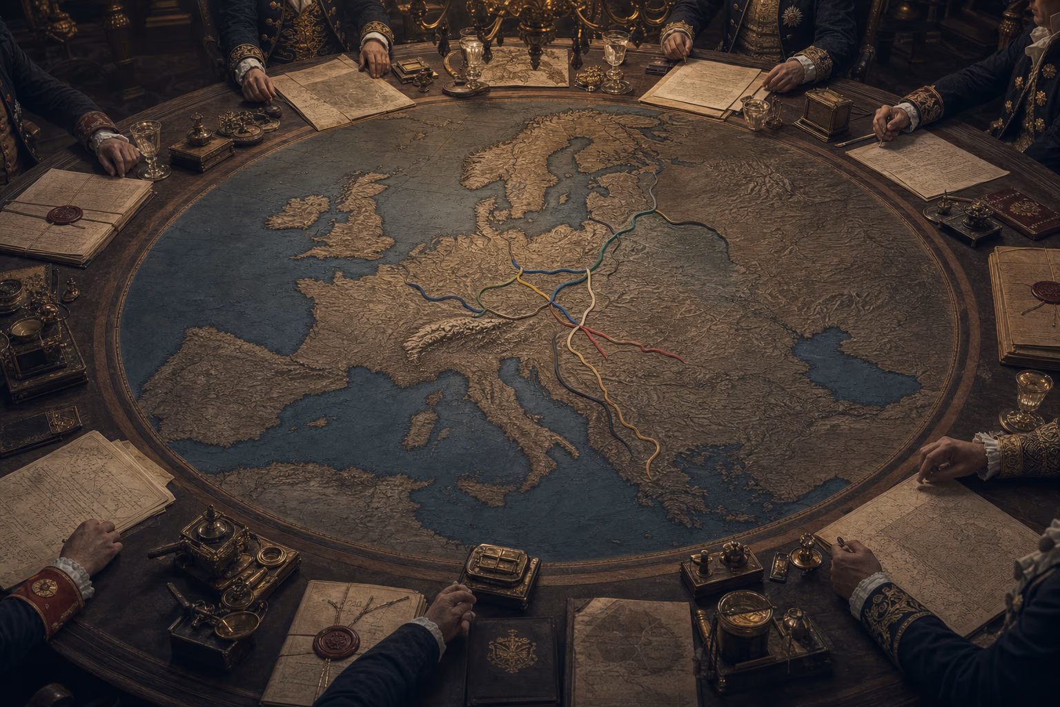Credentials and boundary ribbons from Austria, Britain, Russia, Prussia and France settle around a circular diplomatic table laid over an 1815 map of Europe.