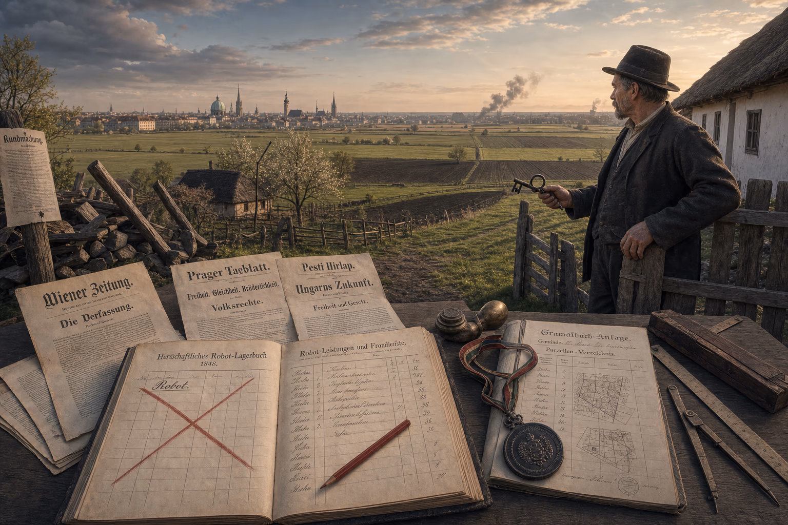 Broadsheets from Vienna, Prague and Budapest open onto a cadastral field where robot labour and manorial jurisdiction are struck from a land register.