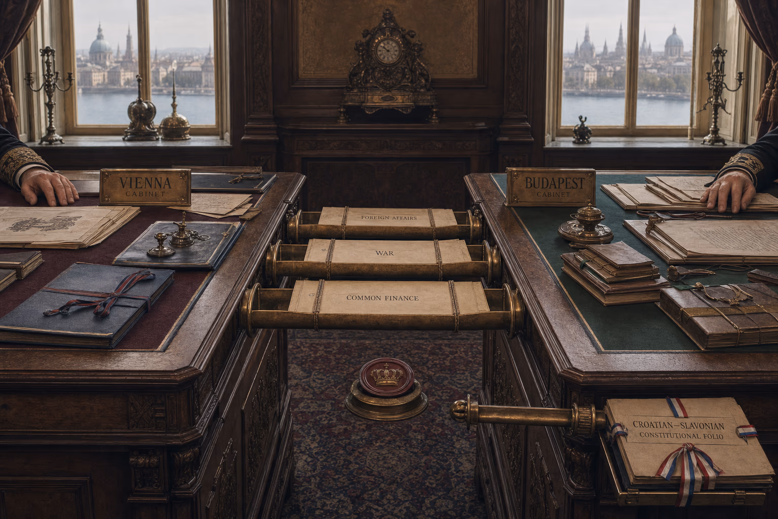 Separate cabinet tables in Vienna and Budapest share three brass conduits for foreign affairs, war and common finance, while a Croatian-Slavonian constitutional folio opens beside them.