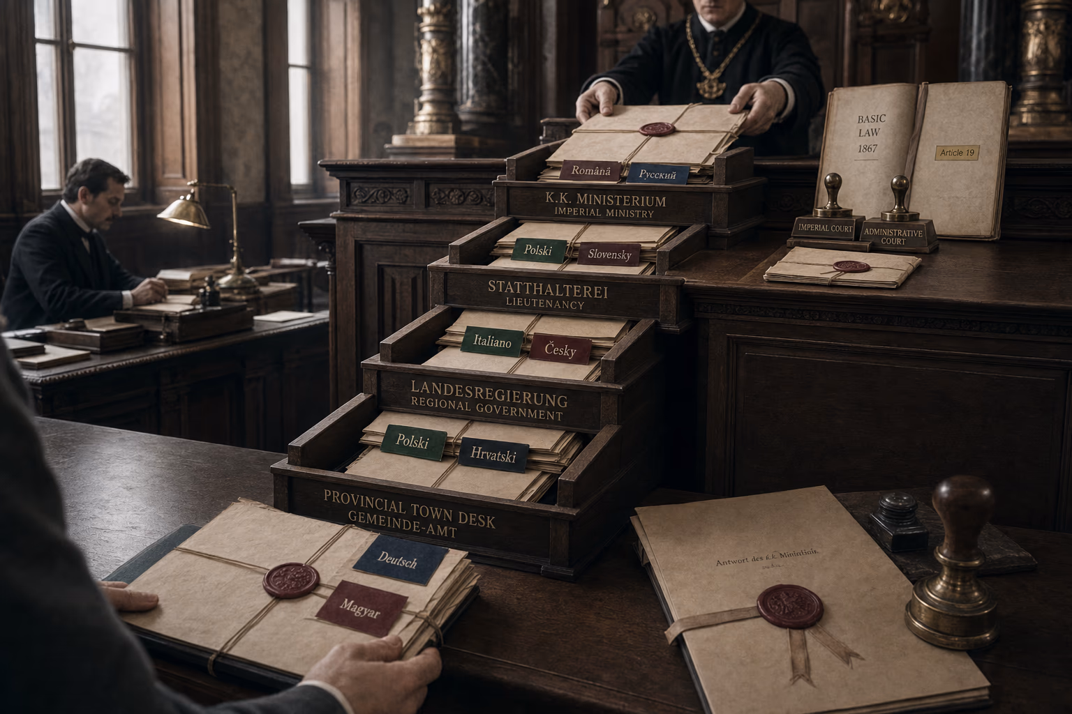 A multilingual municipal petition rises through crownland offices to Vienna, where articles from the 1867 Basic Law and the seals of the Imperial and Administrative Courts become visible.