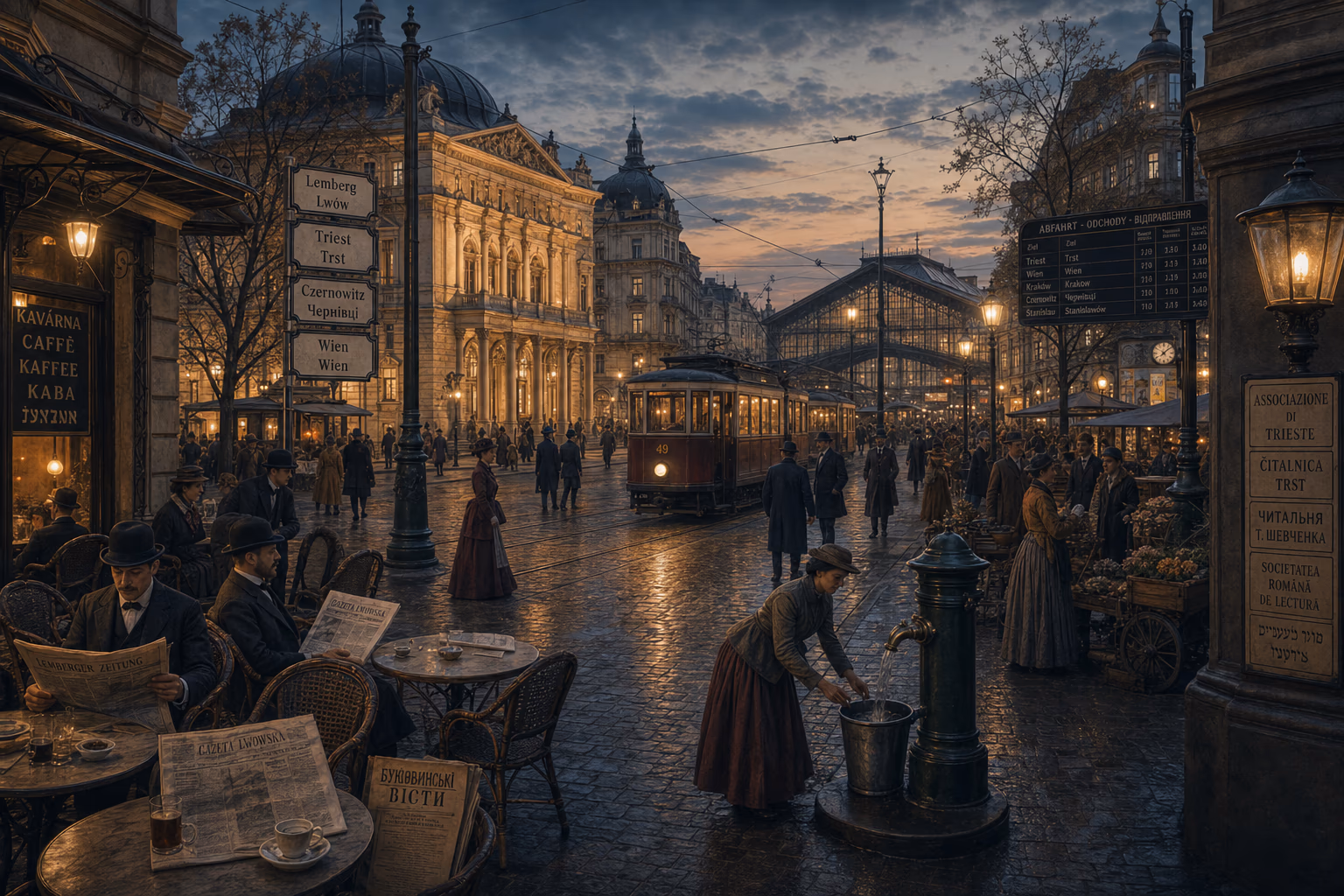 A continuous archival street joins Lviv, Trieste, Czernowitz and Vienna through tram wire, bilingual notices, a municipal theatre, café tables, waterworks and a railway canopy.