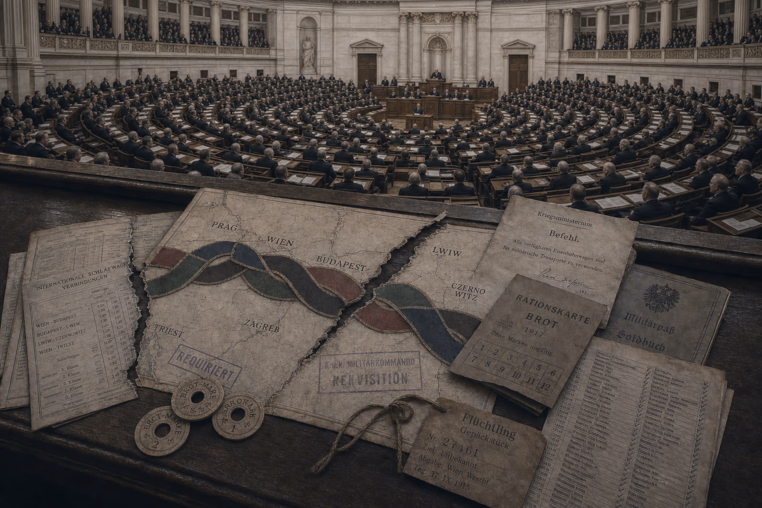 The crowded 1907 Reichsrat recedes behind wartime ration and requisition stamps that sever a braided railway map, leaving a sleeping-car timetable beside new frontier documents.