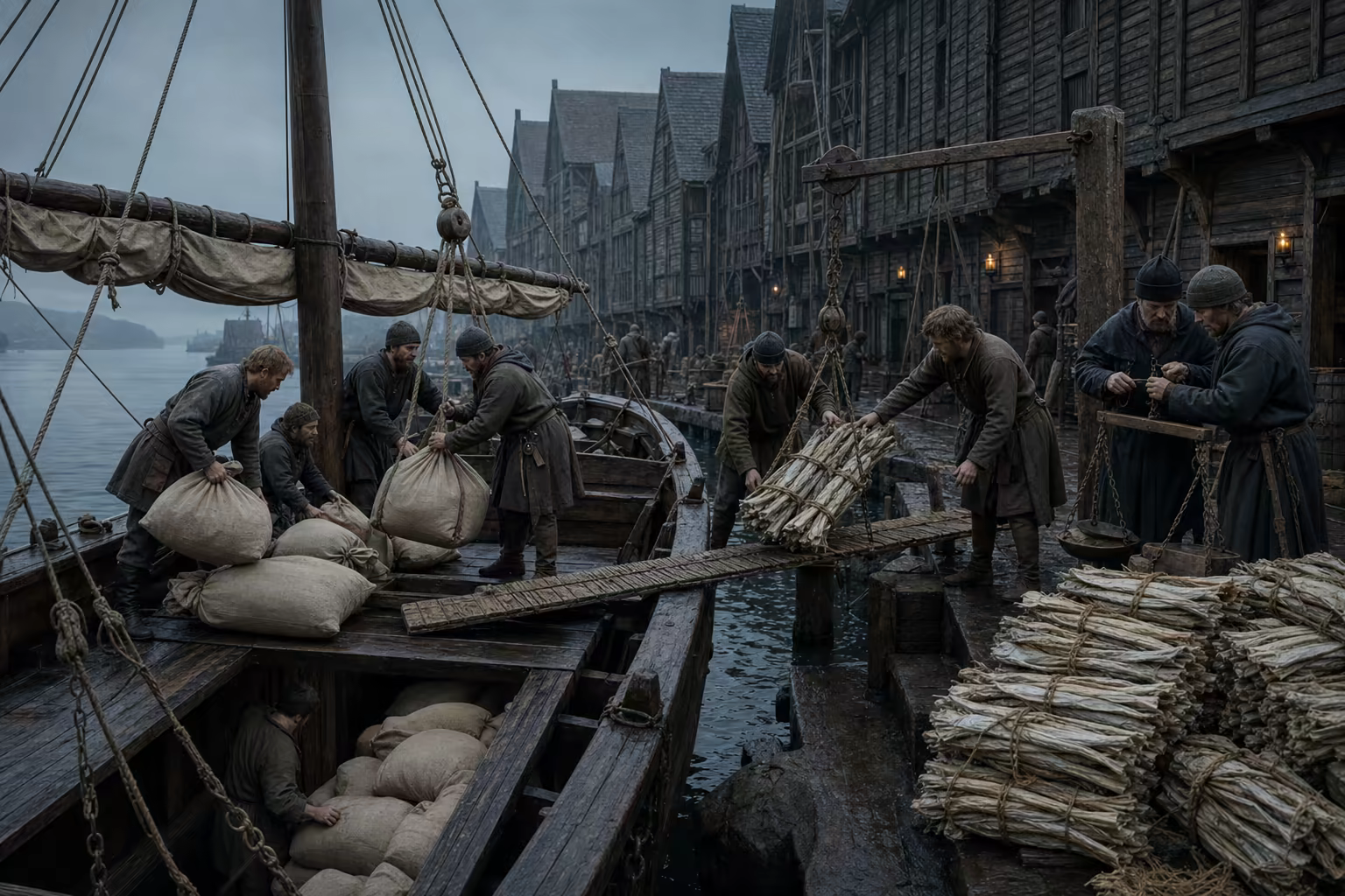 Grain sacks rise from the open hold of a medieval merchant vessel at Bergen while bundled stockfish is loaded for the outward voyage.