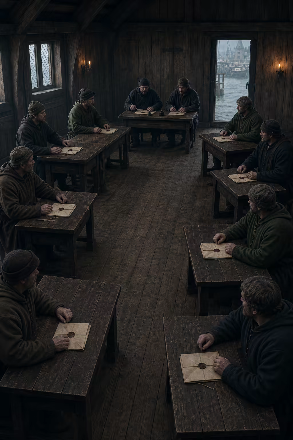 Delegates with separate sealed town instructions deliberate around an empty centre in a dark medieval timber council chamber.