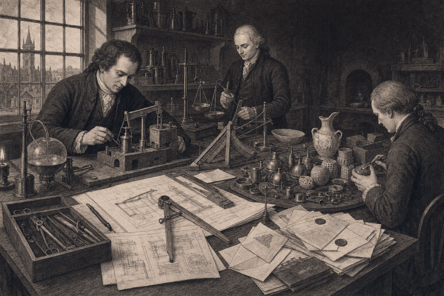 A Glasgow instrument bench and Birmingham workshop table meet across letters, calipers, heat apparatus, engine drawings and a Lunar Society dinner invitation.