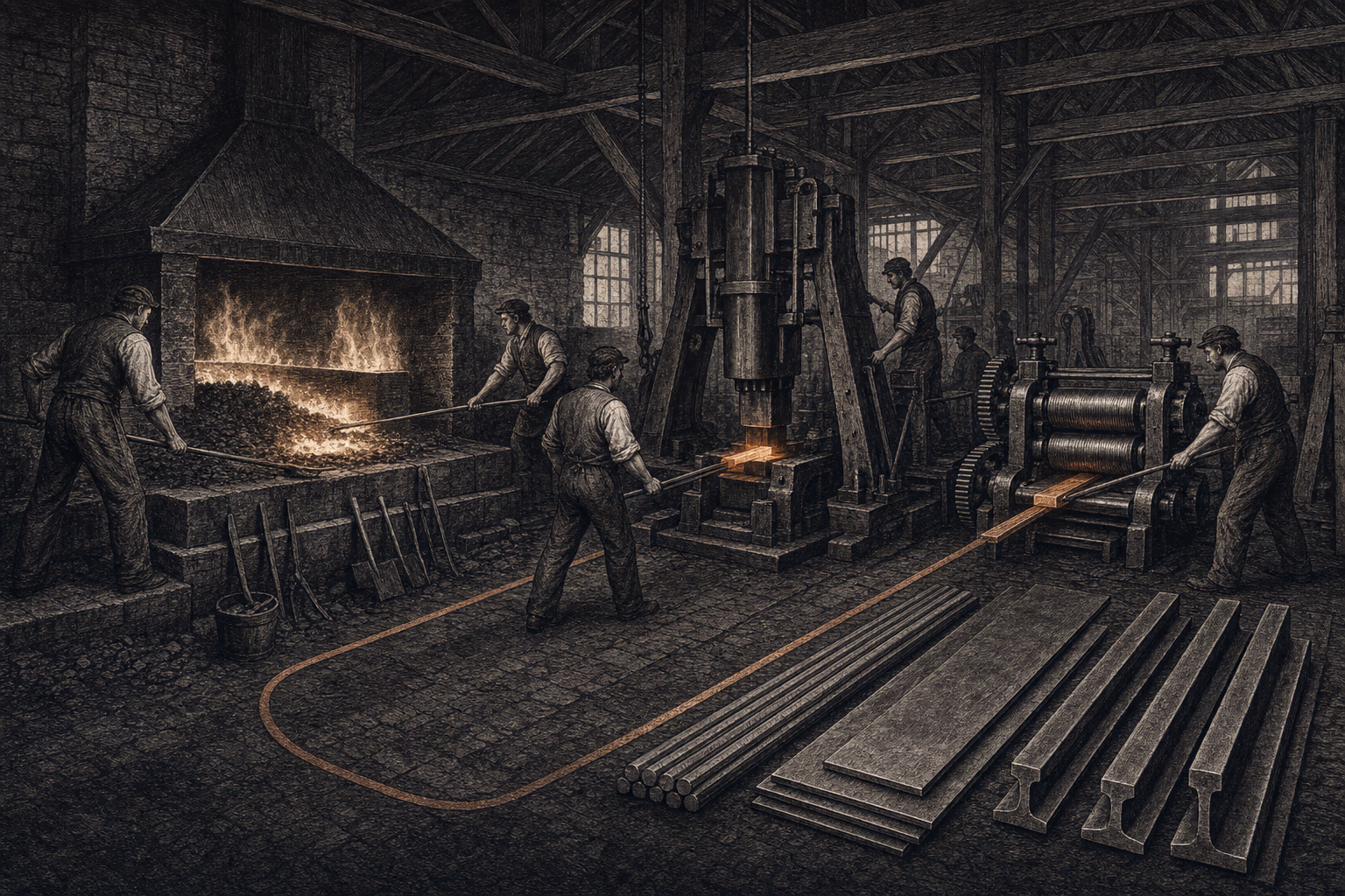 Puddlers work a reverberatory furnace while an incandescent bloom passes through grooved rolls toward finished bars, boiler plate and rail sections.