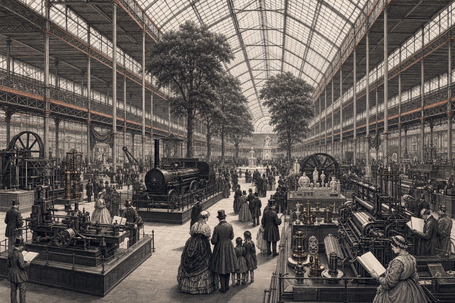 The Crystal Palace central transept opens onto working machinery, iron, textiles, instruments and multilingual catalogues under clear modular glass.