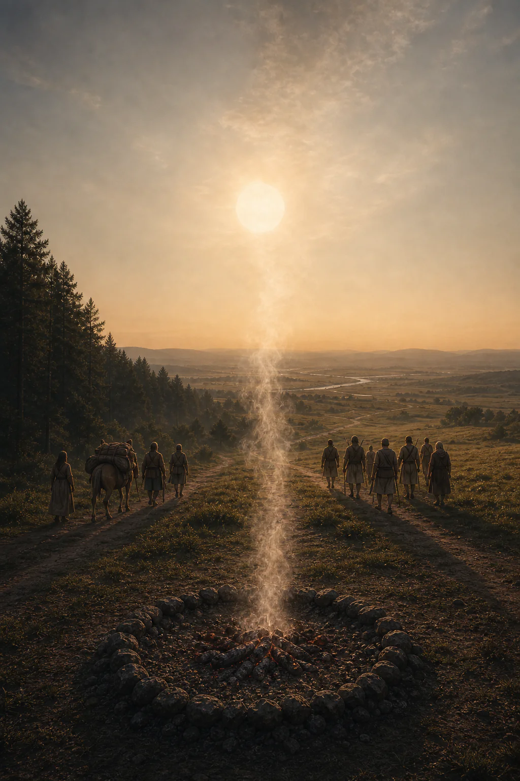 A ritual fire circle transforms into a bronze solar disc above routes stretching from Europe to India.